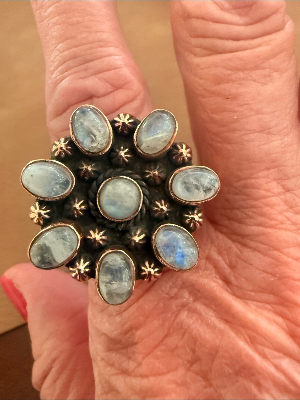 Beautiful Cluster Moonstone Ring set in Copper
Adjustable - set at a size 10